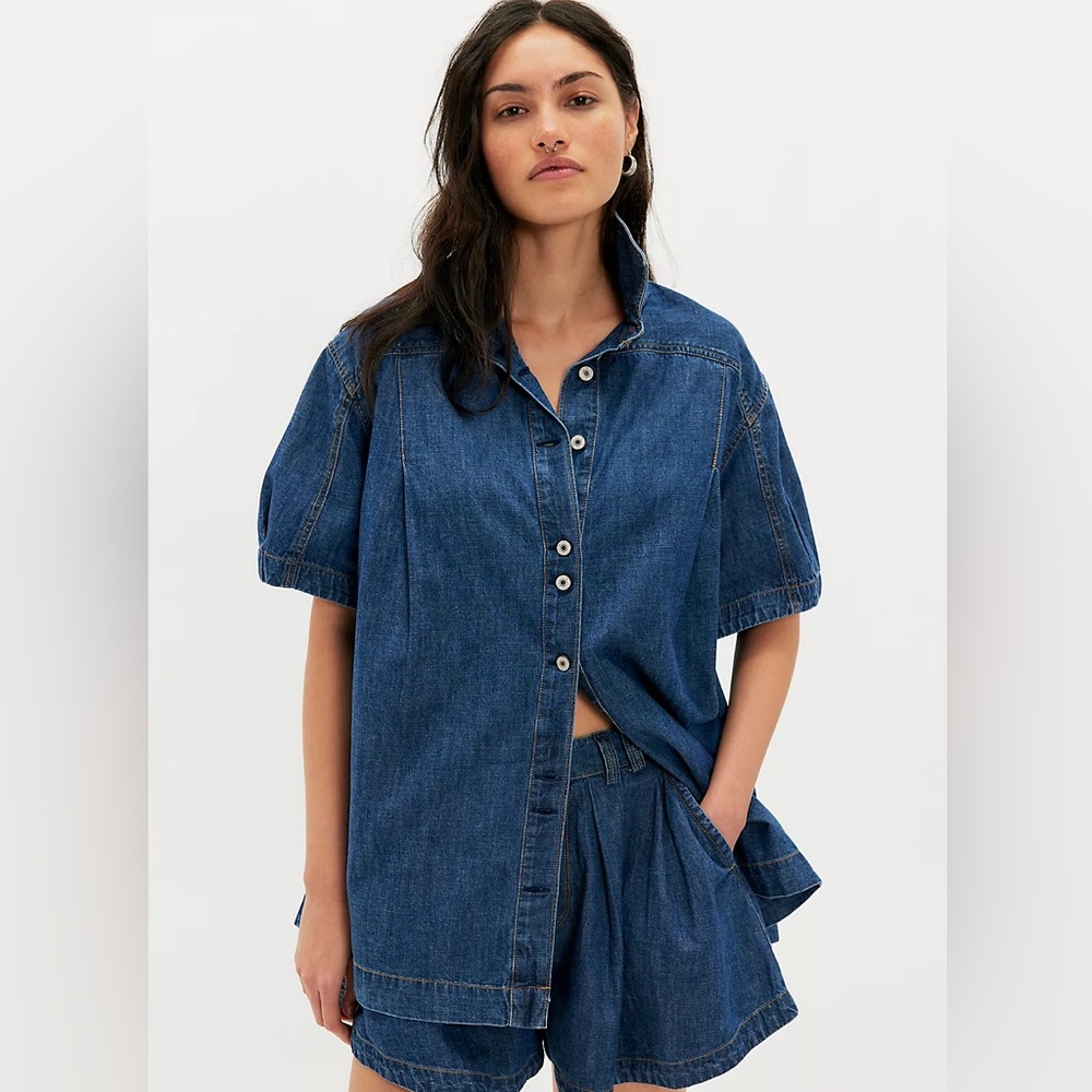 Free People Griselda Denim Short Sleeve Button-Down Shirt NWOT